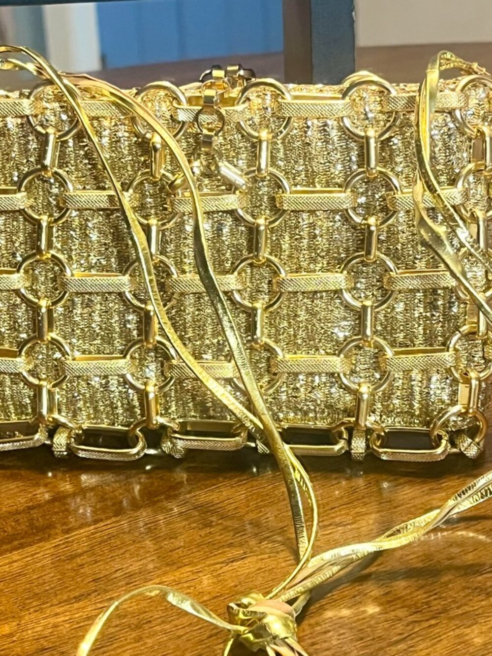 Gold-Toned Caged-Look Evening Clutch/Evening Bag With Gold-Toned Ribbon Strap